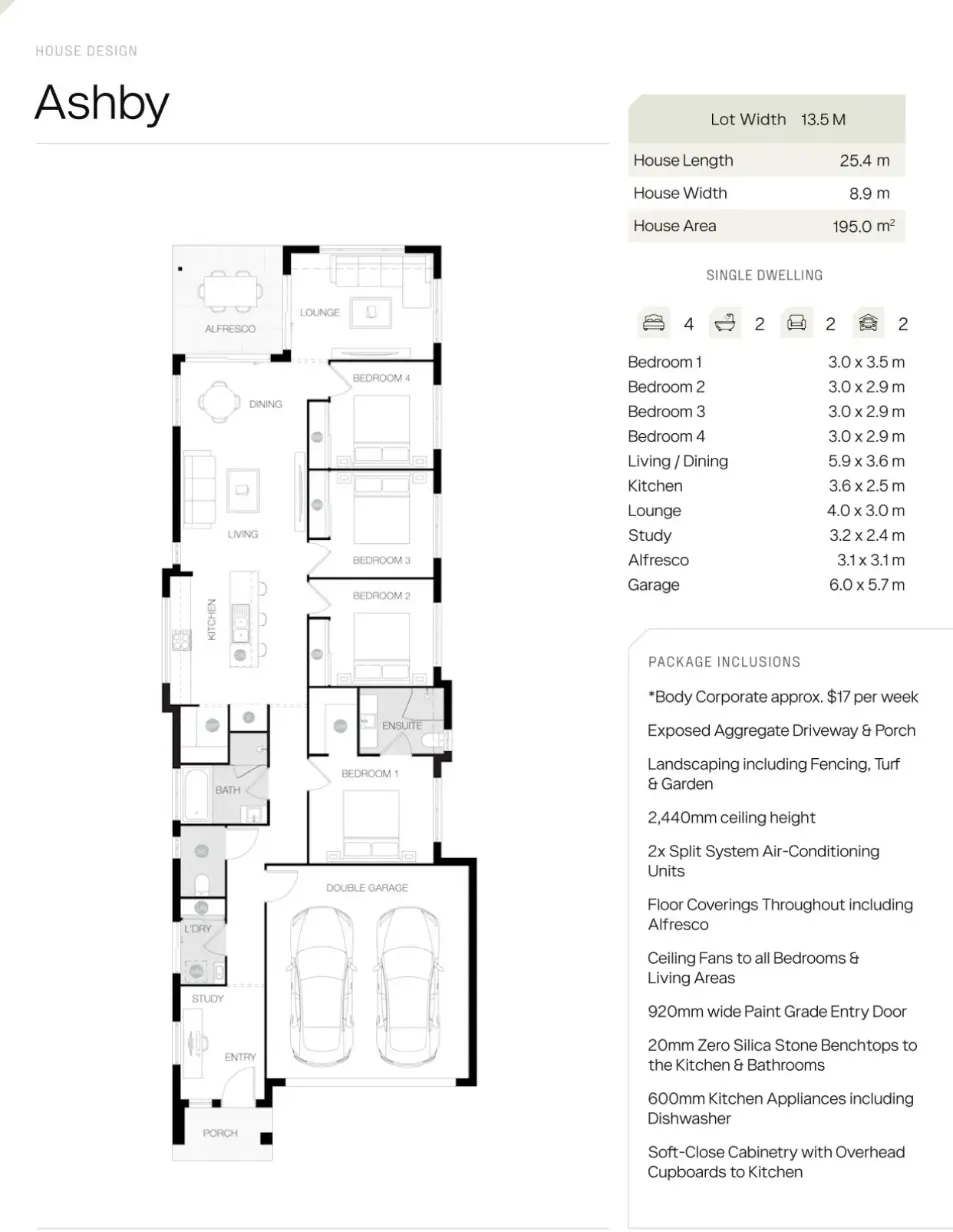 Ashby floor plan with four bedrooms, two bathrooms, a study, alfresco and double garage