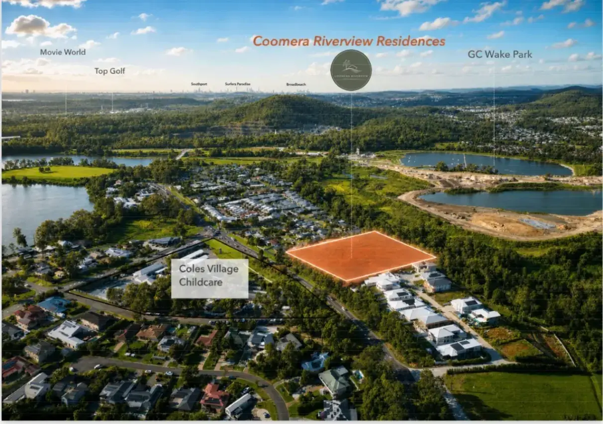 Aerial map of the Coomera Riverview Residences site outlined in orange near Movie World