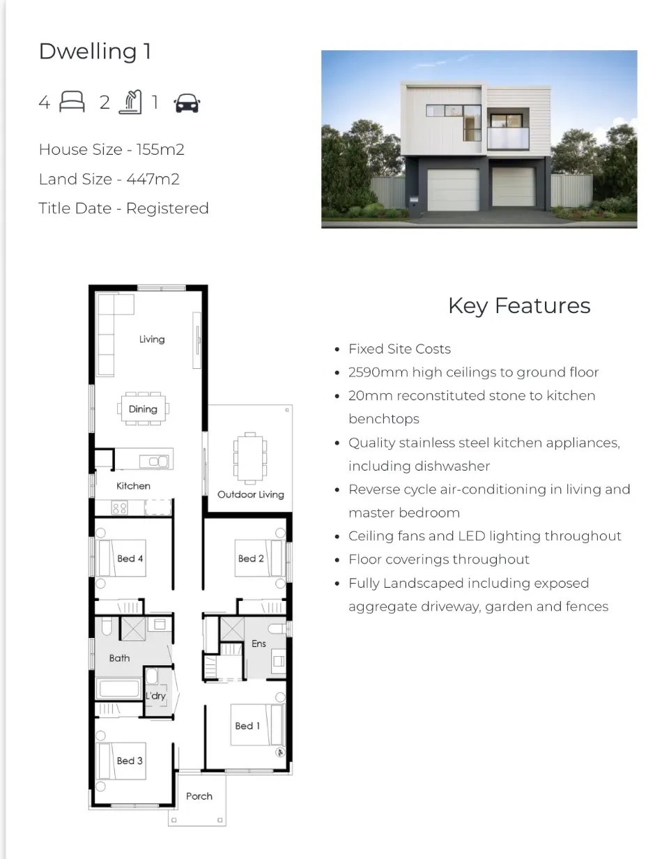 Floor plan for Dwelling 1, a 155m2 four bedroom, two bathroom home with single garage and outdoor living