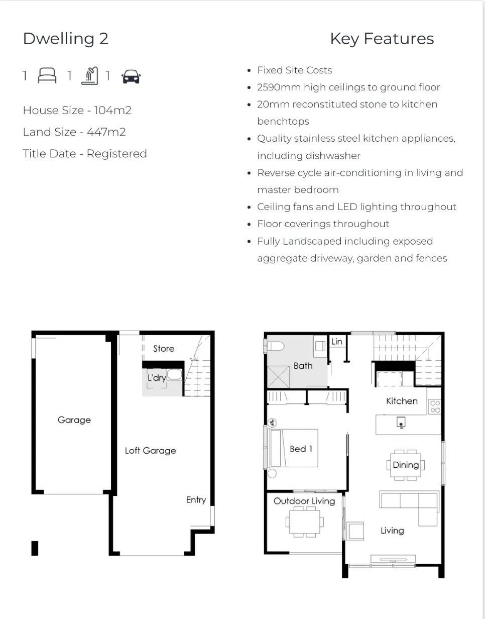 Floor plan for Dwelling 2, a 104m2 one bedroom home with garage, loft garage and upstairs living