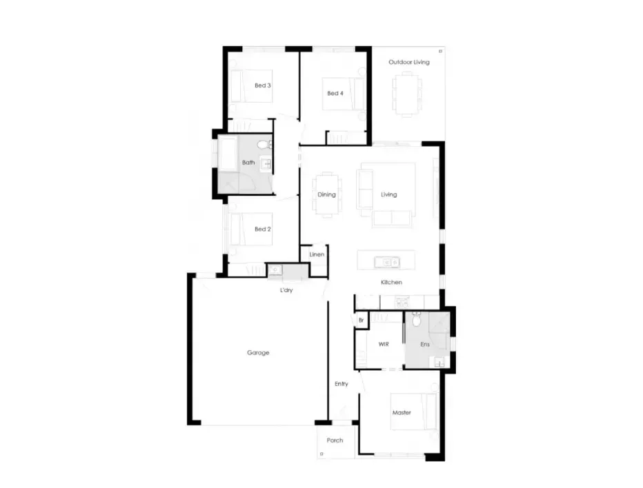 Four-bedroom floor plan with master ensuite, open living, kitchen and double garage