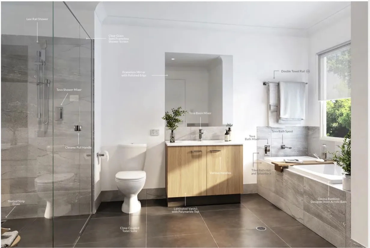 Bathroom photo annotated with standard inclusions such as shower screen, vanity, tapware and bath features