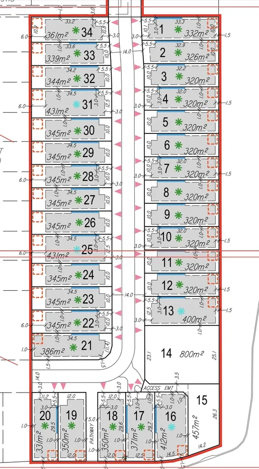 Subdivision plan showing numbered residential lots ranging from around 320 to 800 square metres