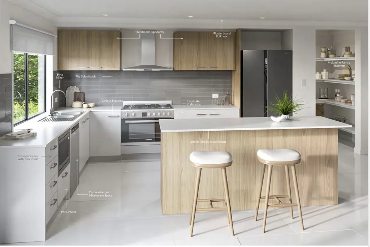 Kitchen photo annotated with standard inclusions such as cabinetry, splashback, benchtop and appliance features