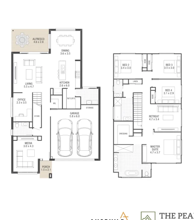 Ground and first floor plan of a four-bedroom two-storey home with office, media room and upstairs retreat