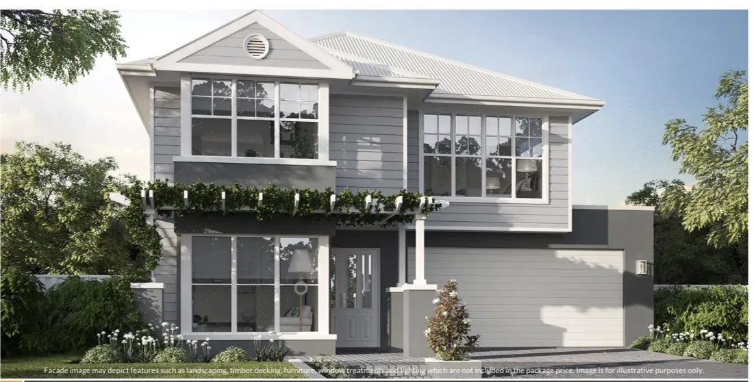 Two-storey home with grey weatherboard cladding, white trim, pergola and balcony above the entry
