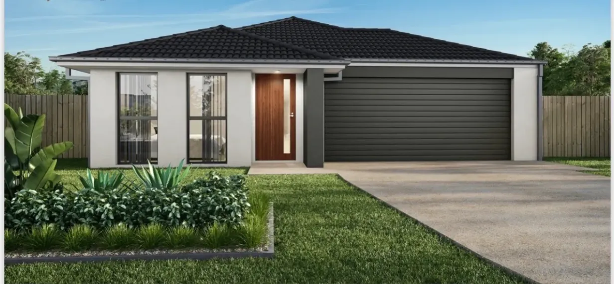 Modern rendered house facade with a dark garage door and landscaped front garden in Flagstone, Logan