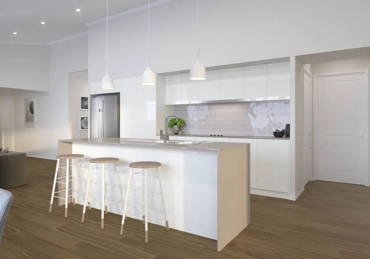 Modern white kitchen with an island bench, three bar stools and pendant lighting