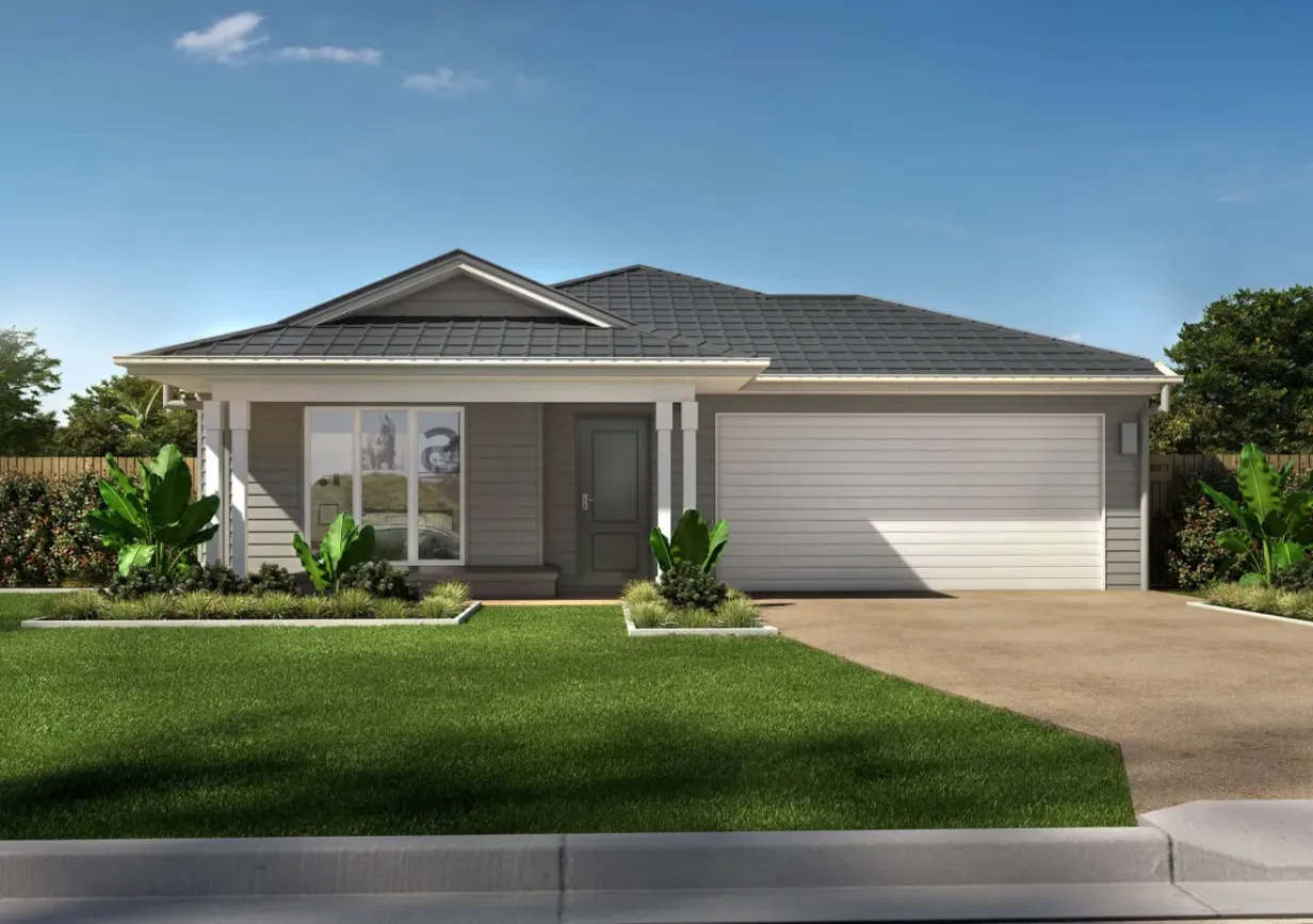 Single-storey house and land package facade at Navo Park Ridge, Logan, with double garage