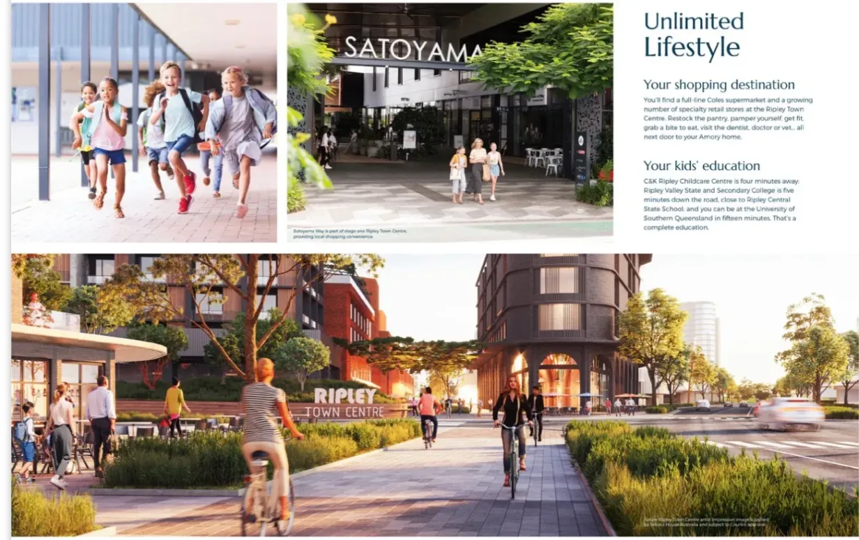 Ripley Town Centre precinct with Satoyama Way shops, cafes and a green pedestrian walkway