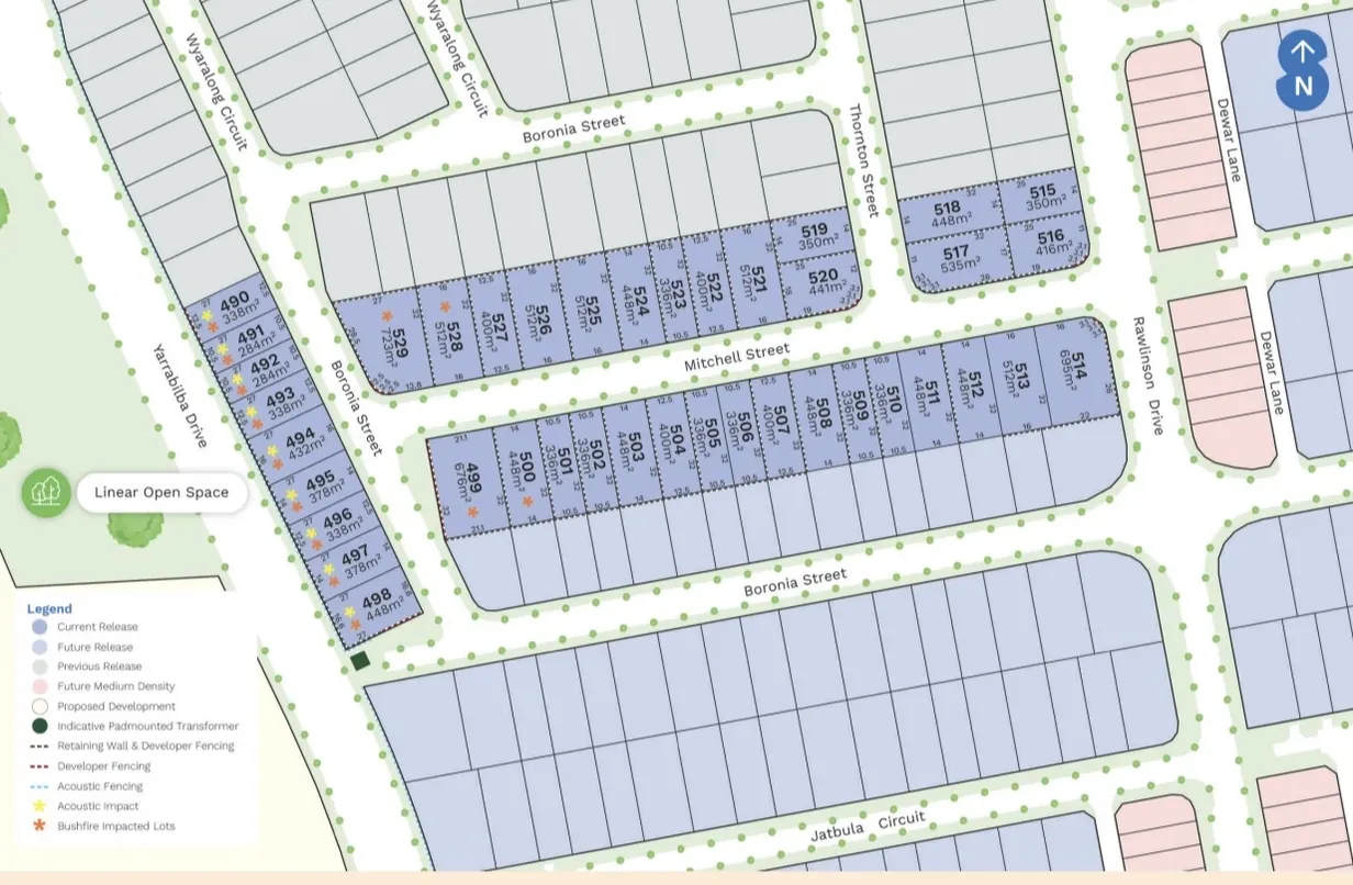 Land release map showing lot numbers, sizes and boundaries for a Yarrabilba estate stage