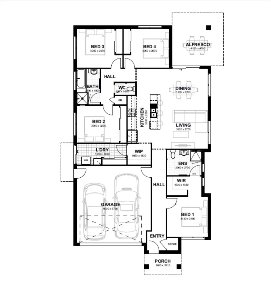 Floor plan of a four-bedroom single-storey home with open-plan kitchen, living, dining, alfresco and double garage