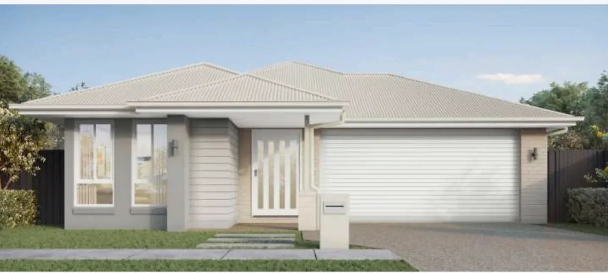 Single-storey home in Yarrabilba with grey rendered facade, timber-look entry door and double garage
