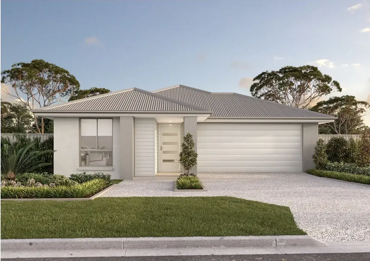 Light grey rendered single-storey facade with hip roof and timber entry feature
