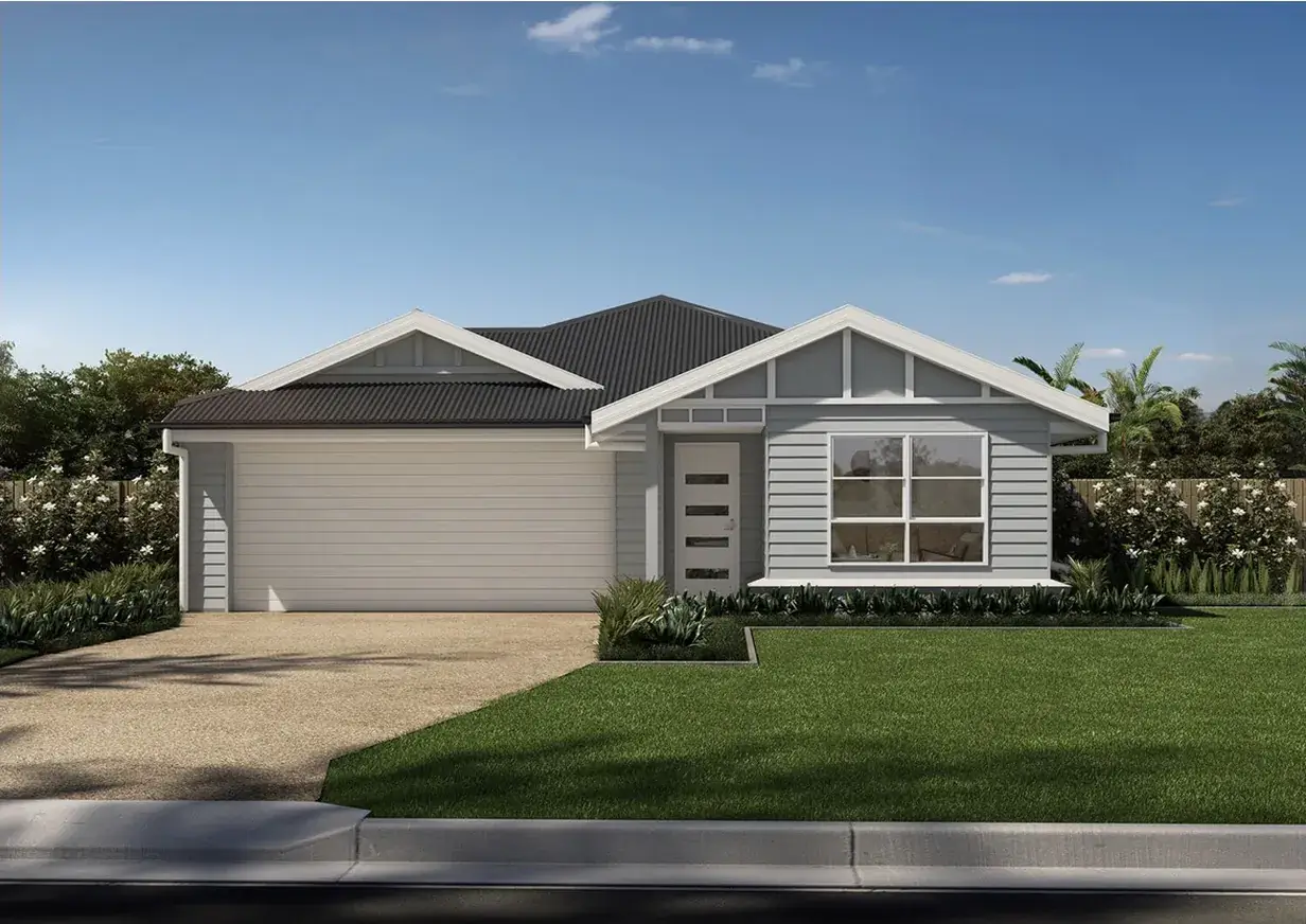 Hamptons-style weatherboard facade with gabled roofline and double garage