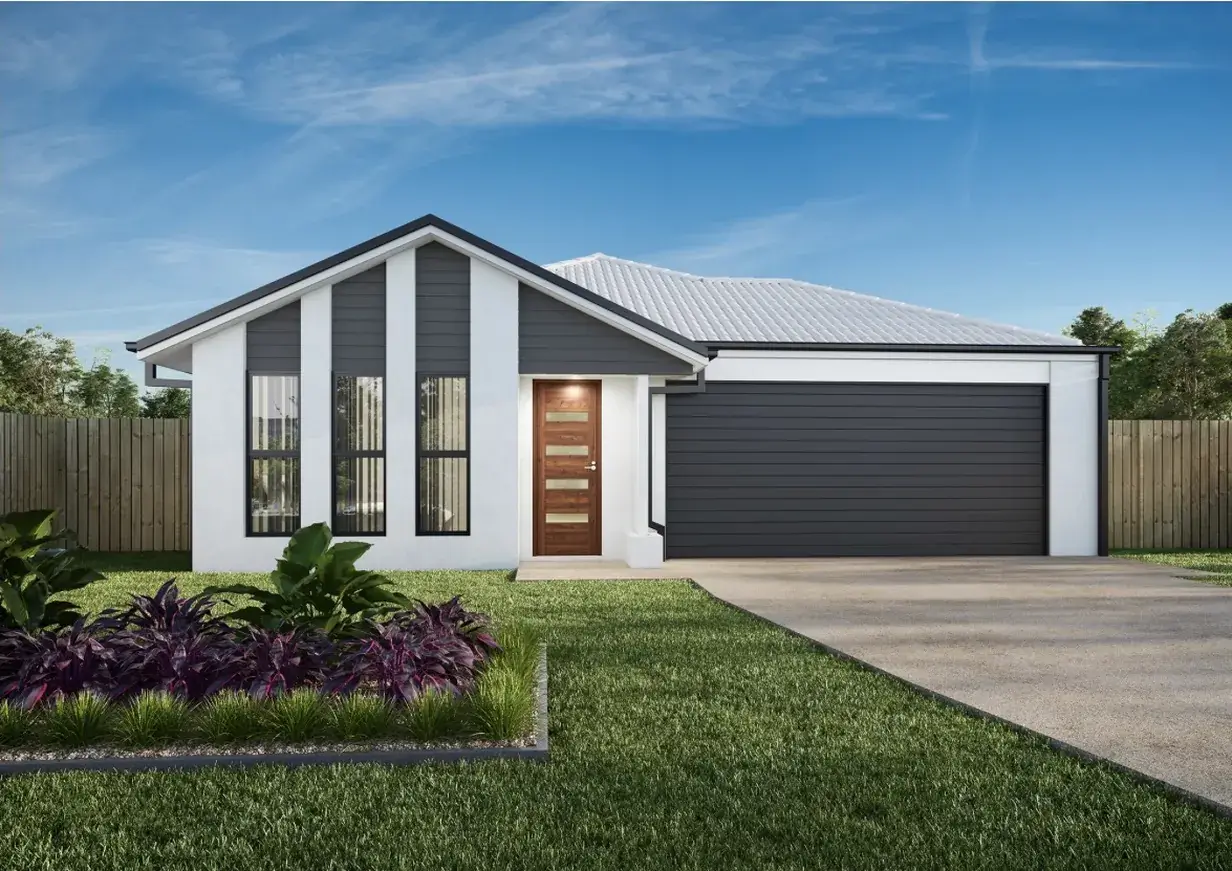 Modern house and land package facade with charcoal cladding and dark garage door