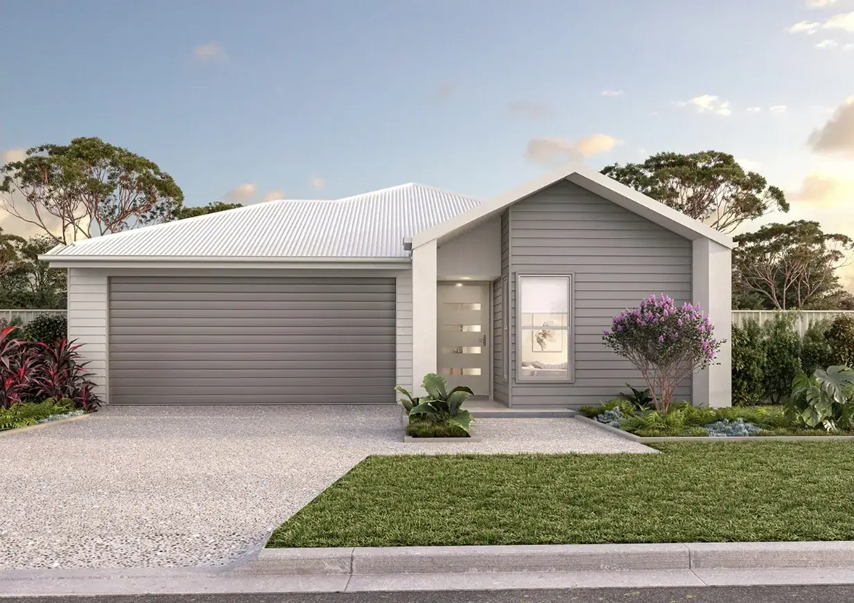Two-tone rendered and weatherboard house facade with landscaped front garden