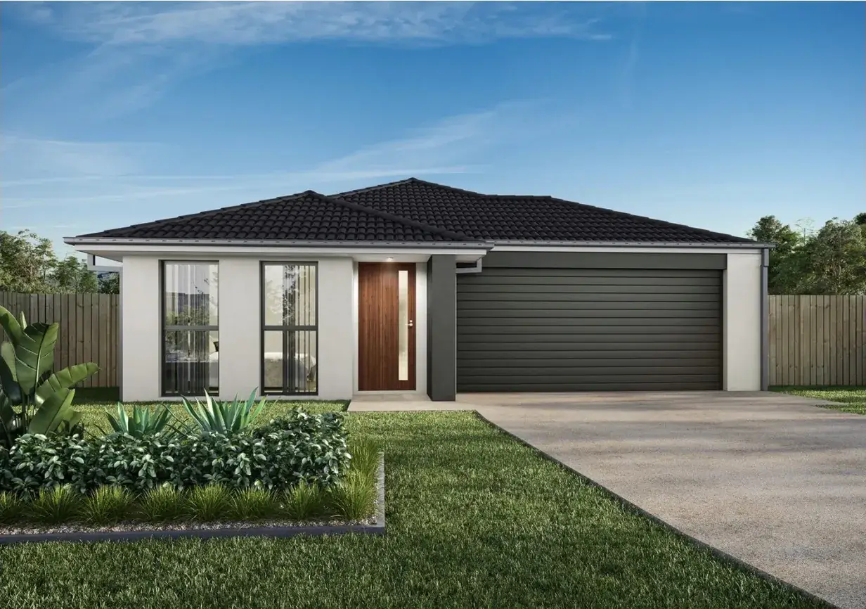 White rendered house facade with charcoal accents and timber entry door
